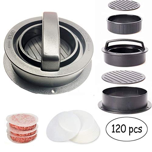TANGGER Burger Press y 120 PCS Papeles Encerados Hamburguesas 11 CM,Prensa de Hamburguesas Antiadherente Molde Hamburguesa para Prensar Carne Picada Barbacoa o Parrilla