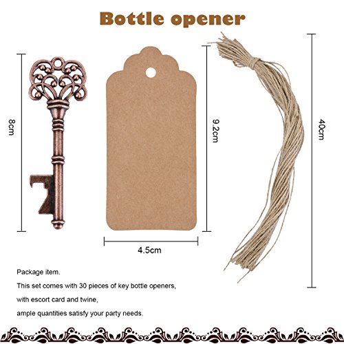 TankerStreet 30 Piezas Llavero Abridor de Botellas Vintage Abrebotellas Clave Esqueleto Metal Decorado con Tarjeta de Escorto Etiqueta Cordel para Boda Fiesta Cumpleaños DIY Collar Equipo Favor Bronce