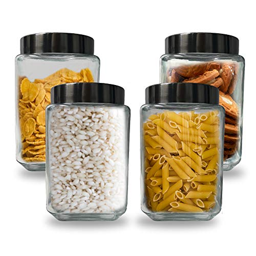 Tarro de Cristal con Tapa - Botes Cristal Cocina - Cierre Acero Inoxidable para Alimentos - Almacenamiento Hermético - Pack de Envases - Tarros - Pasta Galletas Conservas Cereal Despensa (1700ml)