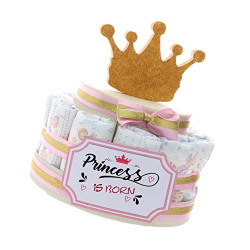 Tarta pañales para bebé, corona de princesa para niña, idea regalo original para nacimiento de bebé