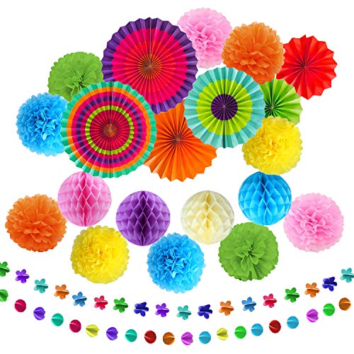 TATAFUN 24 Piezas Decoración Fiesta Abanicos de Papel Flores Pompom Bolas de Nido de Abeja Guirnaldas para Celebración Fiesta de Cumpleaños Bodas Carnaval Mexicano