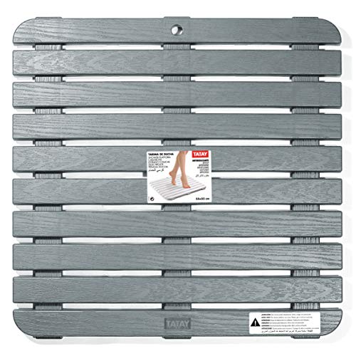 Tatay - Tarima de Baño o Ducha Antideslizante con Forma Cuadrada de Plástico y Diseño Grabado Efecto Madera. Medidas 55 cm Cada Lado, 3 cm de Alto. Color Gris