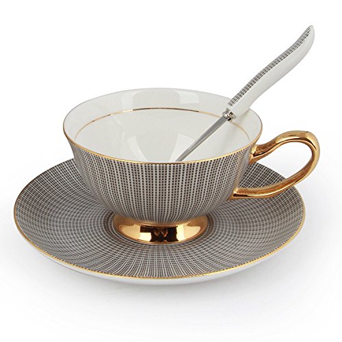 Taza de porcelana china para té y café con plato y cuchara. Rosa , Porcelana de ceniza de hueso, negro, Set of 1 with gift box