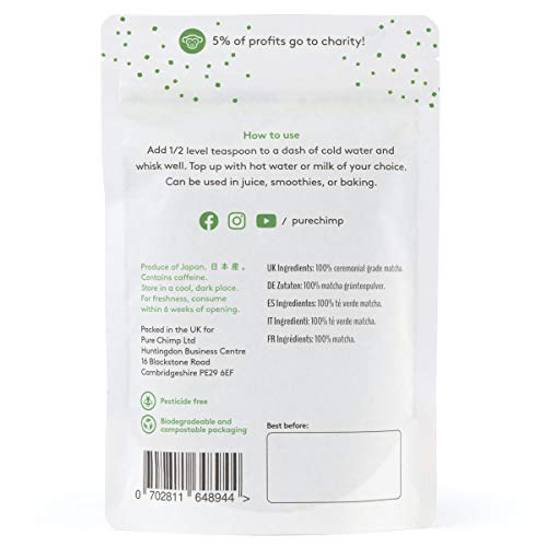 Té Verde Matcha en Polvo (Súper Té) 100g de PureChimp | Grado Ceremonial de Japón | Completamente Natural y Vegano | Libre de Pesticidas