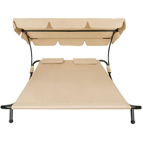 TecTake 800089 Tumbona Doble de Jardín, Parasol Plegable, 2 Cojines, Estructura de Metal, Interior & Exterior (Beige | No. 401223)