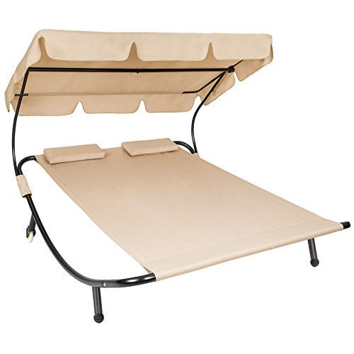 TecTake 800089 Tumbona Doble de Jardín, Parasol Plegable, 2 Cojines, Estructura de Metal, Interior & Exterior (Beige | No. 401223)
