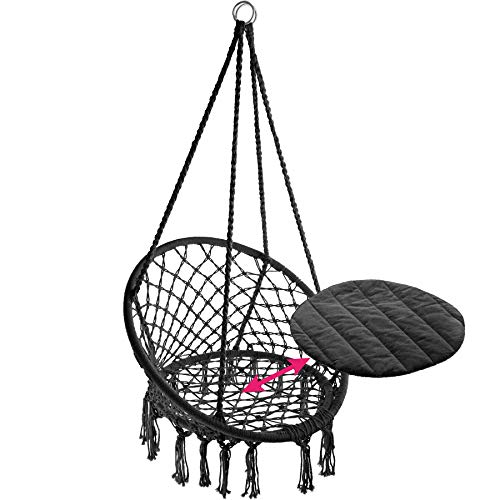 TecTake 800689 - Silla Colgante, Hamaca con Cojín, Estructura de Acero, Ideal para Jardín Exterior Terraza (Negro | No. 403115)