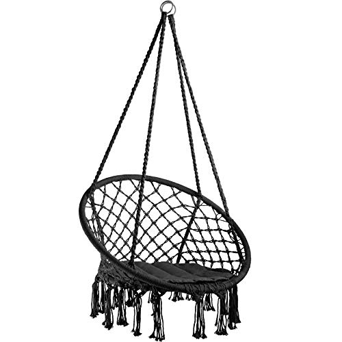 TecTake 800689 - Silla Colgante, Hamaca con Cojín, Estructura de Acero, Ideal para Jardín Exterior Terraza (Negro | No. 403115)