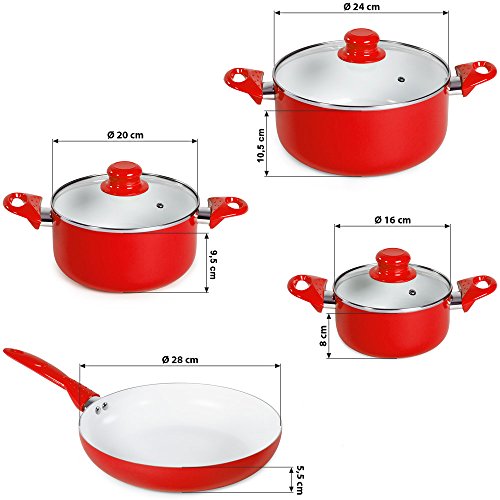 TecTake Set bateria de cocina ollas cerámica 8 piezas con tapas de cristal con sartén - disponible en diferentes colores - (Rojo | No. 401194)