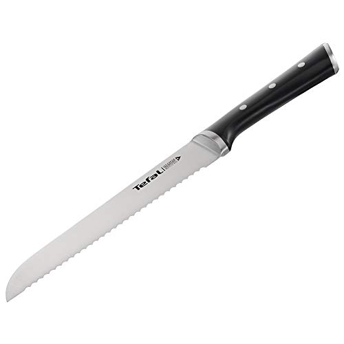 Tefal Ingenio Ice Cuchillo para pan, acero cepillado, cuchillo de una sola pieza, mango remachado, negro, 20 cm