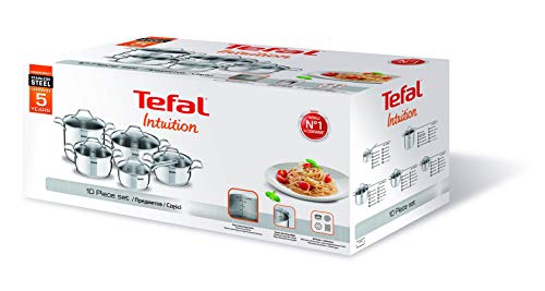 Tefal Intuition A702SC85 - Set de Cazo 16 cm, Cacerola 20/24 cm, Olla 28 cm con Tapa, Acero Inoxidable, Marcas de Medición, Tapas de Cristal, Aptas para del Horno, Todo Tipo de Fuegos