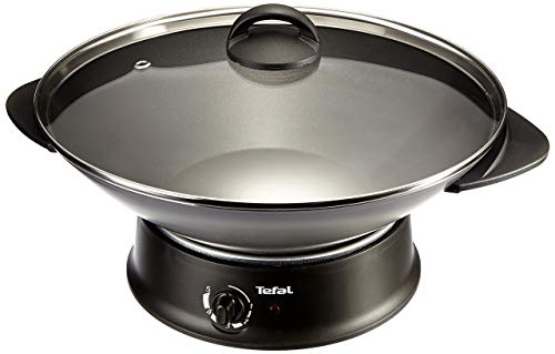 Tefal WK3020 - Wok y fondue compactas, 1200 W, recubrimiento antiadherente, negro/plateado