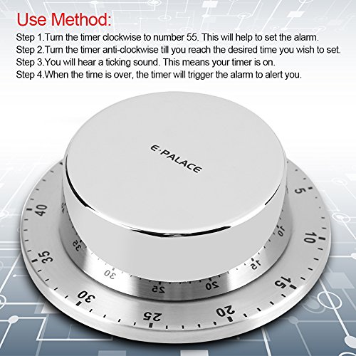 Temporizador de Cocina Mecánico Alarma Temporización de 60 Minutos con Imán Temporizador de Cocina Mecánico de Acero Inoxidable para Casa Temporizador de Hornear Plata