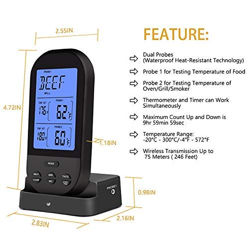 Termómetro digital inalámbrico de carne con sondas duales... (negro)