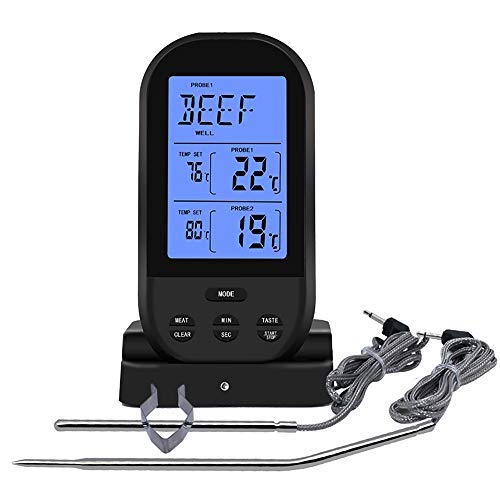 Termómetro digital inalámbrico de carne con sondas duales... (negro)