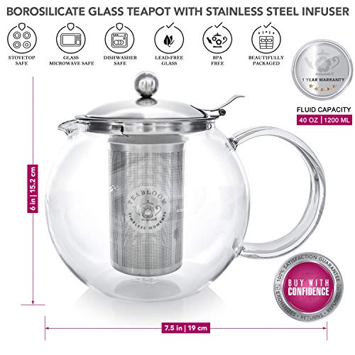 Tetera Clásica De Uso Diario Teabloom - Tetera de Cristal Apta para Fogones - 1200 ml de Capacidad - Infusor Extraíble de Acero Inoxidable