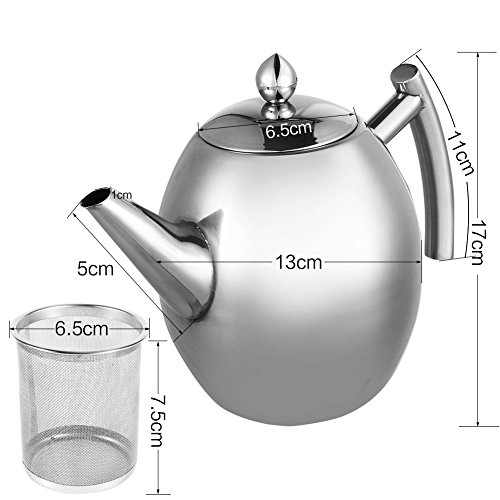 Tetera con filtro de té, filtro de café, infusor de té de acero inoxidable para cocina, cafetería, hotel, restaurante y oficina, 1 L