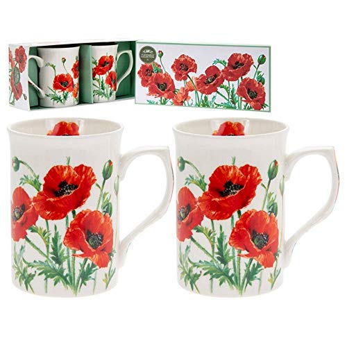 The Leonardo Collection - Juego de tazas (2 unidades), de fina porcelana china, diseño de amapolas silvestres, con caja de regalo