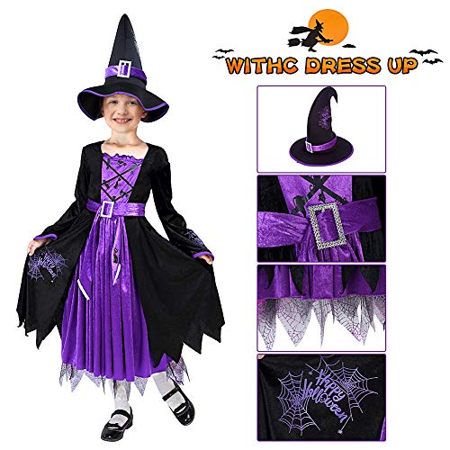 ThinkMax Disfraz de Bruja para niña, Disfraz de Fiesta de Disfraces de Halloween con Sombrero de Bruja (S 5-7)