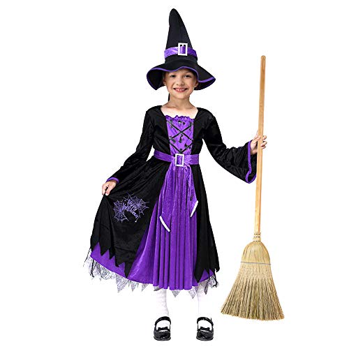 ThinkMax Disfraz de Bruja para niña, Disfraz de Fiesta de Disfraces de Halloween con Sombrero de Bruja (S 5-7)