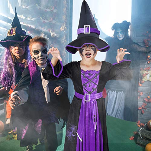 ThinkMax Disfraz de Bruja para niña, Disfraz de Fiesta de Disfraces de Halloween con Sombrero de Bruja (S 5-7)