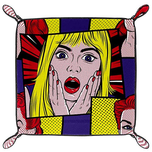 TIZORAX Surprised Girl Red Hair Woman Caja de almacenamiento de cuero para valet bandeja organizador de joyas para llave de monedas, piel sintética, multicolor, 16x16cm