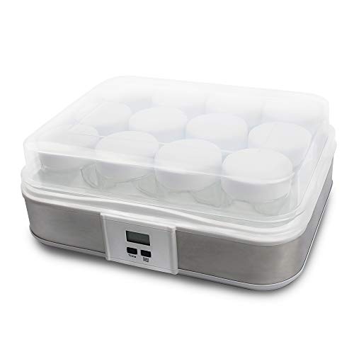 Todeco - Yogurtera, Maquina para Hacer Yogur Casero - Capacidad por frasco: 0,21 L - Potencia: 21,5 W - 12 tarros, con el contador de tiempo, 30,6 x 25 x 12,4 cm, Blanco