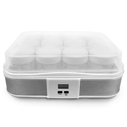Todeco - Yogurtera, Maquina para Hacer Yogur Casero - Capacidad por frasco: 0,21 L - Potencia: 21,5 W - 12 tarros, con el contador de tiempo, 30,6 x 25 x 12,4 cm, Blanco