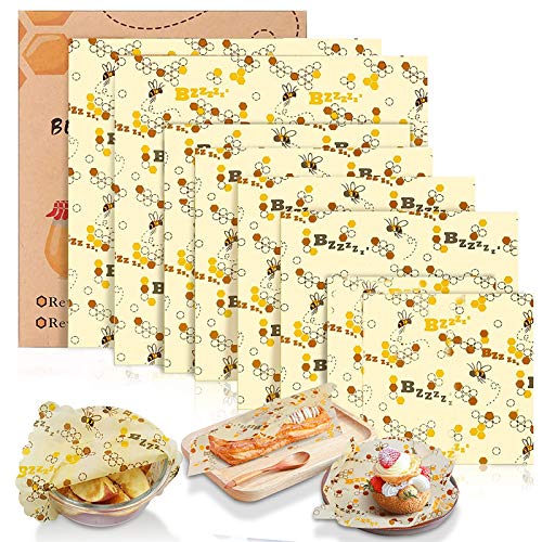 Tonsooze Envoltorios Cera De Abeja, Envoltorio Cera de Abeja Reutilizable, Envolturas De Alimentos Almacenar Alimento para sandwiches,queso, frutas, verduras y pan (8Pcs, Abejas)