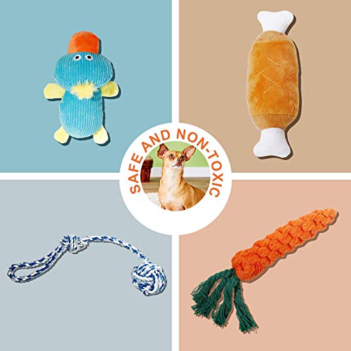 Toozey Juguetes para Perros Pequeños/Cachorros 7pcs - Juguete masticable de Cuerda de dentición para Cachorros y Juguete de Chirriador Peluche para Perros con Bolsa de lavandería