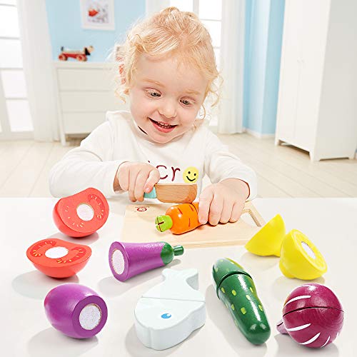 TOP BRIGHT Juguetes de Cocina de Madera, Corte de Juguetes de Frutas y Hortalizas, Juguete Magnéticos de Frutas y Verduras Educativos, Accesorios de Cocina para Bebé Durante 3 Años +