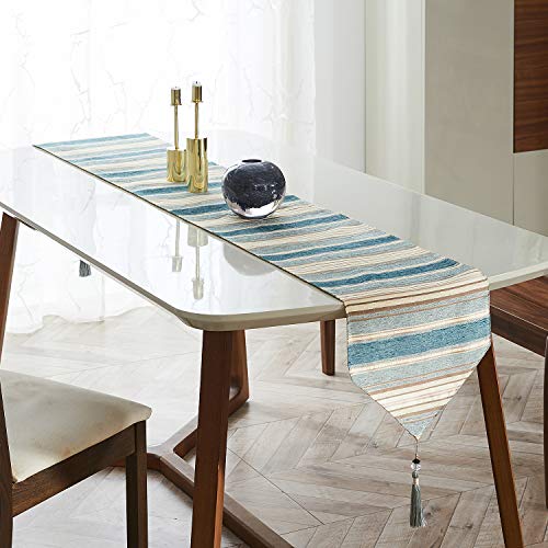 Top Finel Rayas de Color Corredor de la Tabla de Mezcla Camino con borlas para la Cena artística Fiesta decoración de la Boda Mesa de Comedor Manera(33cmX210cm) Verde Azulado