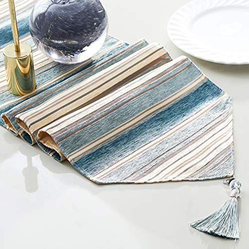 Top Finel Rayas de Color Corredor de la Tabla de Mezcla Camino con borlas para la Cena artística Fiesta decoración de la Boda Mesa de Comedor Manera(33cmX210cm) Verde Azulado