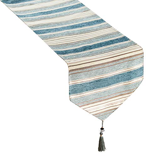 Top Finel Rayas de Color Corredor de la Tabla de Mezcla Camino con borlas para la Cena artística Fiesta decoración de la Boda Mesa de Comedor Manera(33cmX210cm) Verde Azulado