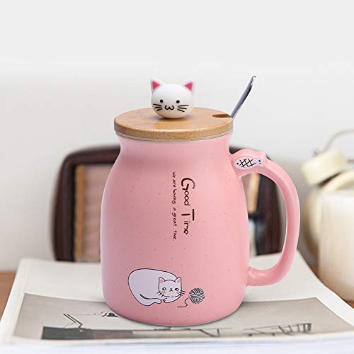TOPINCN Taza de cerámica Lovely Cat Solid con Cuchara y Tapa de Madera Taza de Leche de Agua con café para Drinkware Regalo Oficina 1Pc(Rosa)