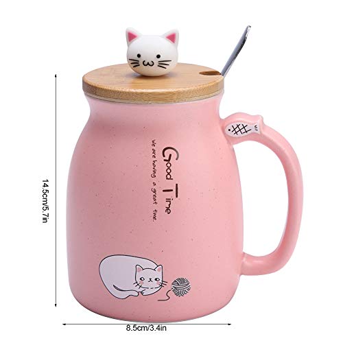 TOPINCN Taza de cerámica Lovely Cat Solid con Cuchara y Tapa de Madera Taza de Leche de Agua con café para Drinkware Regalo Oficina 1Pc(Rosa)