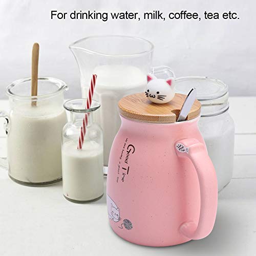 TOPINCN Taza de cerámica Lovely Cat Solid con Cuchara y Tapa de Madera Taza de Leche de Agua con café para Drinkware Regalo Oficina 1Pc(Rosa)