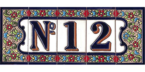 TORO DEL ORO Números casa. Numeros y Letras en azulejo Ceramica esmaltada, Pintados a Mano técnica Cuerda Seca. Nombres y direcciones. Diseño Flor Mediana 5,5x10,5 cm (Número uno"1")