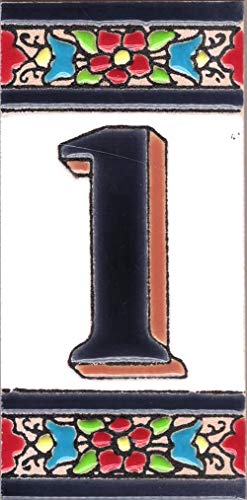 TORO DEL ORO Números casa. Numeros y Letras en azulejo Ceramica esmaltada, Pintados a Mano técnica Cuerda Seca. Nombres y direcciones. Diseño Flor Mediana 5,5x10,5 cm (Número uno"1")