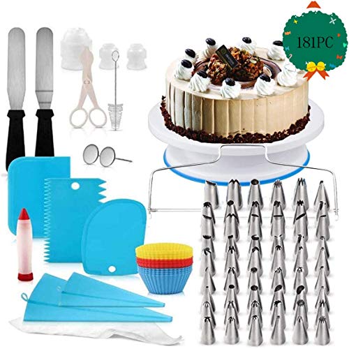 Torta Giratoria y Boquillas,Boquillas para manga pastelera,Cake Turntable,Decoración de Pasteles Kit,Torta Giratoria,Plato Giratorio para Pasteles para Principiantes y Amantes de Pasteles (181pcs)