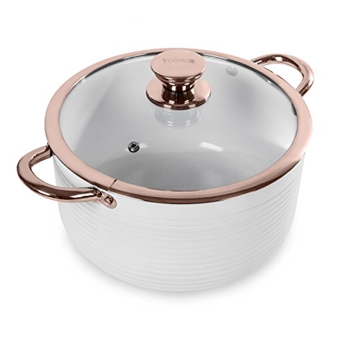 Tower - Cazuela lineal con tapa, revestimiento antiadherente de cerasure, color blanco y oro rosa, capacidad de 4,3 litros, 24 cm
