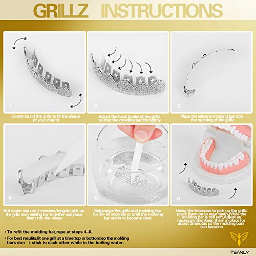 TSANLY Grillz de Diamantes Rebajas Baño de Oro Blanco 14 Quilates. Juego de Tapas Superior e Inferior Parece Diamante Real + Caja Clásico + Paño de Microfibra