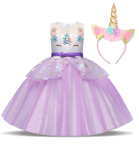 TTYAOVO Chicas Arco Iris Unicornio Fancy Vestido Princesa Flor Desfile de Niños Vestidos sin Mangas Volantes Vestido de Fiesta Talla 8-9 Años Púrpura