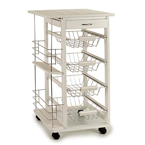 TU TENDENCIA ÚNICA Carrito Frutero Verdulero con Cajón, 4 cestas y botellero. Estructura de Madera Blanca y Acero Inoxidable en Las Cestas. Cuenta con 4 Ruedas para un fácil Transporte