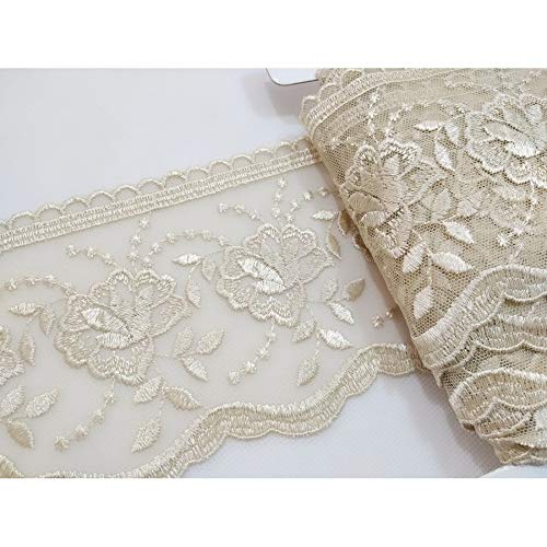 Tul Bordado Flores De Encaje Festoneado Alto 11 Cm. - Beige Scuro