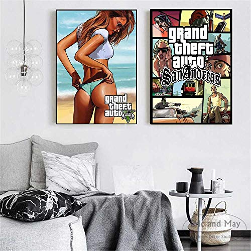 TUMOVO Lienzo de impresión 2x30x40cm sin Marco GTA 5 San Andreas Vice City Vintage Poster Imprime imágenes para la decoración del Dormitorio Pinturas al óleo del hogar