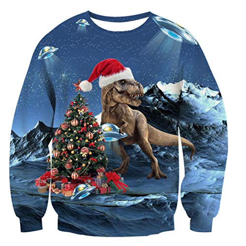 TUONROAD Christmas Sweatshirt Unisex Ugly Dinosaurio 3D Impreso Sudadera di Navidad Divertida Crew Neck Manga Larga Jersey Suéter para Hombres Mujeres - XL