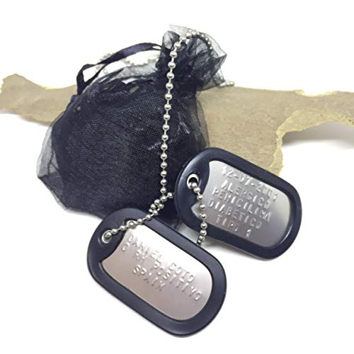 TusPlacas Chapas Militares Personalizadas de Acero INOX. Collar de Chapas Grabadas en Relieve. Colgante Estilo Ejército Americano. Grabado, Cadenas, Gomas y Bolsita de Tela de Regalo (Negro)