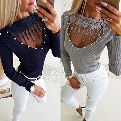 Txrh Blusa de Manga Larga para Mujer, con Encaje Hueco, con Cuentas de Perlas, Cuello Redondo, Tejida, Informal, Blusa, Gris, Medium
