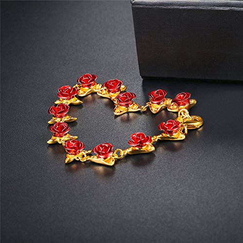U7 Regalo de San Valentín Pulsera Mujer Bañado en Oro 18K con Flor Rosa Rojo Brazalete para Mujer con Caja de Regalo …